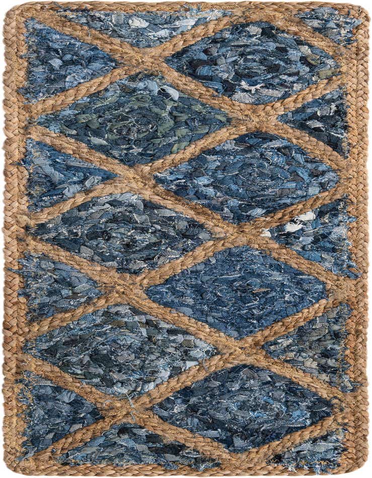 A close-up of a blue and natural jute stair runner rug with a diamond pattern, showcasing its textured, braided design.