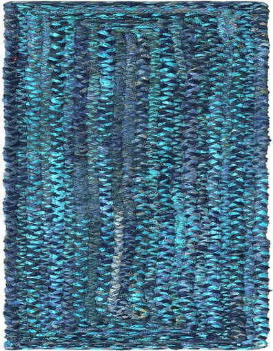 A 1' 2 x 6' 1 Braided Chindi runner rug in varying shades of blue, showcasing its textured, handmade cotton weave.