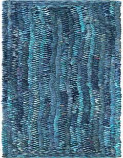 A long, narrow 1' 2 x 10' 0 runner rug with a braided chindi texture in various shades of blue.
