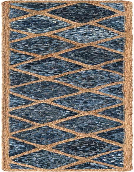 A 1' 2 x 6' 1 blue and natural jute runner rug with a diamond pattern, ideal for hallways or kitchens.