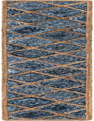 A 1' 2 x 8' 0 blue and natural jute runner rug with a diamond pattern, suitable for a hallway or kitchen.