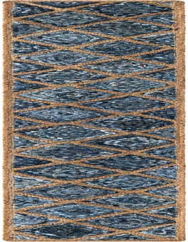 A 1' 2 x 10' 0 runner rug featuring a blue abstract pattern made from recycled materials, framed and crisscrossed with natural jute braids, ideal for a table.
