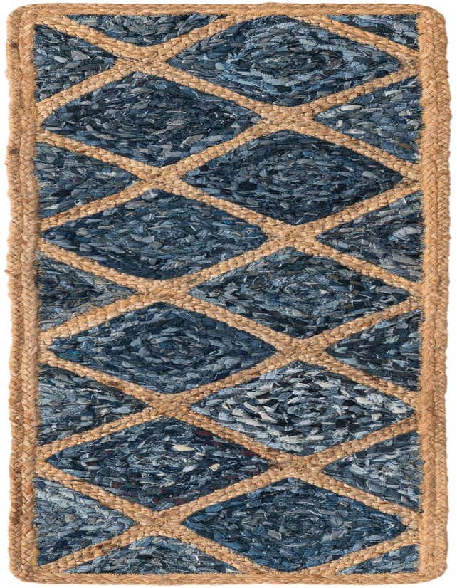 A 1' 2 x 4' 1 blue and natural jute runner rug with a diamond pattern, made from recycled denim and braided jute.