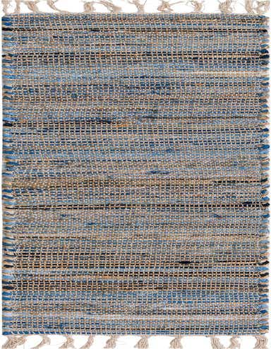 A 1' 2 x 6' 1 blue and natural jute runner rug with a textured flatweave pattern and fringed ends, perfect for a hallway or kitchen.