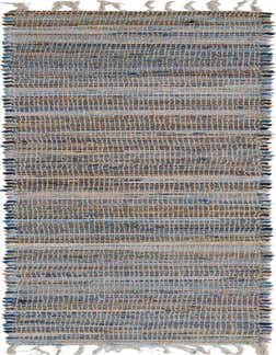 A 1' 2 x 10' 0 runner rug with a textured flatweave in varying shades of blue and natural jute, featuring short fringe.