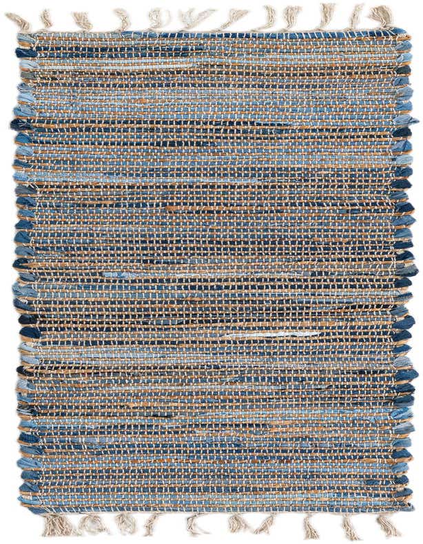 A 1'2" x 4'1" blue and natural jute runner rug with a textured flatweave and fringe on a white background.