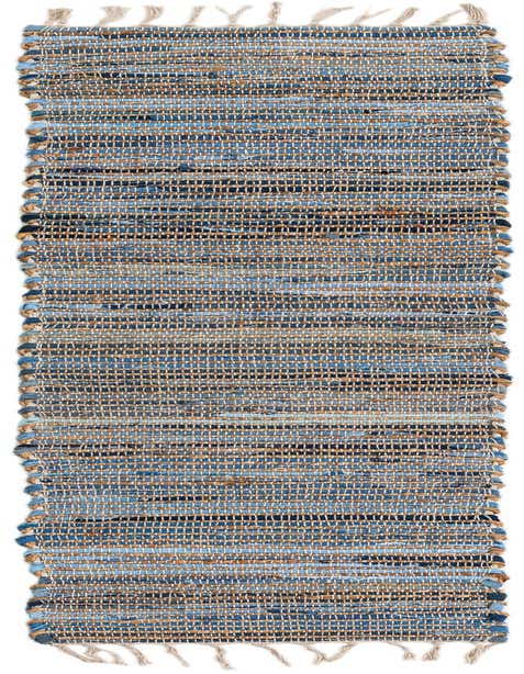 A 1' 2 x 5' 1 Chindi Jute runner rug in varying shades of blue and natural jute, featuring a textured flatweave and fringed ends.