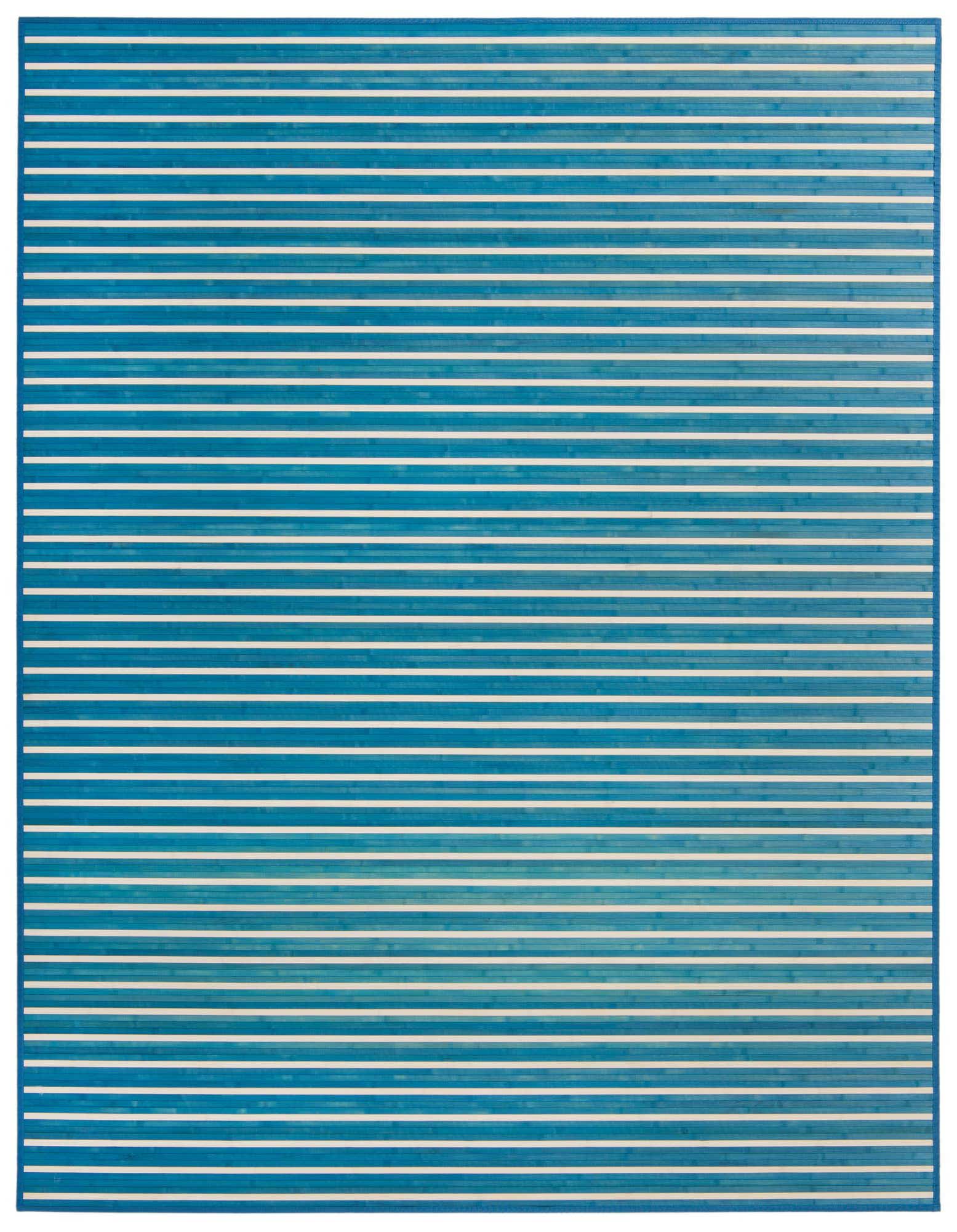 A rectangular 8x10 Rugs.com Bamboo rug featuring alternating horizontal stripes of blue and white, showcasing its modern, textured design.