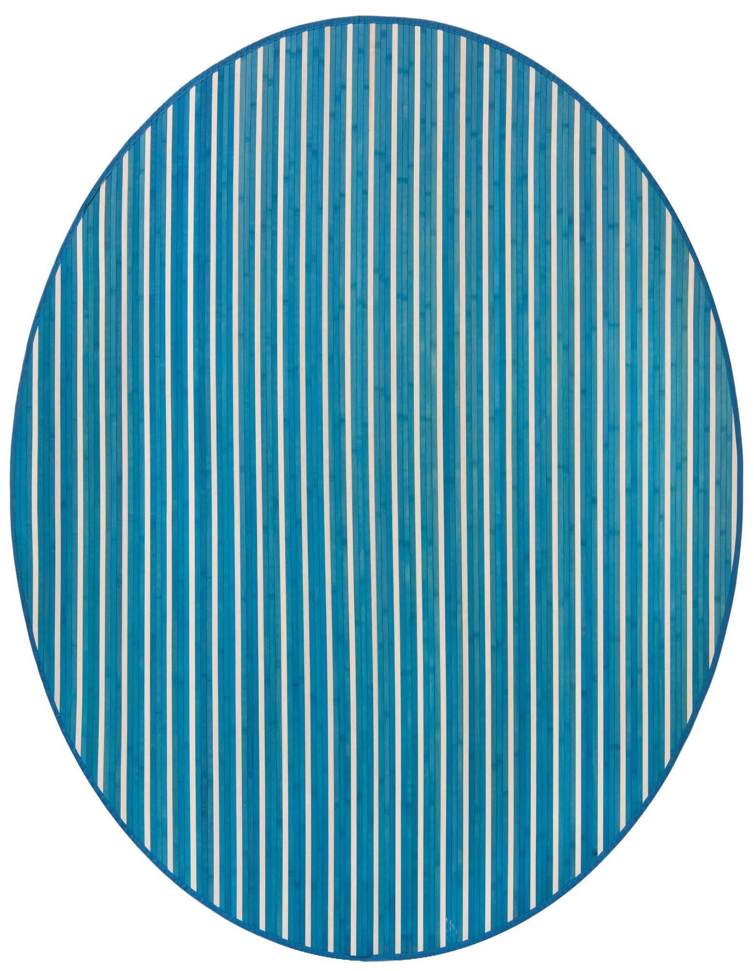 A 7-foot round bamboo rug featuring alternating thin white and wider blue vertical stripes, creating a modern, textured look.