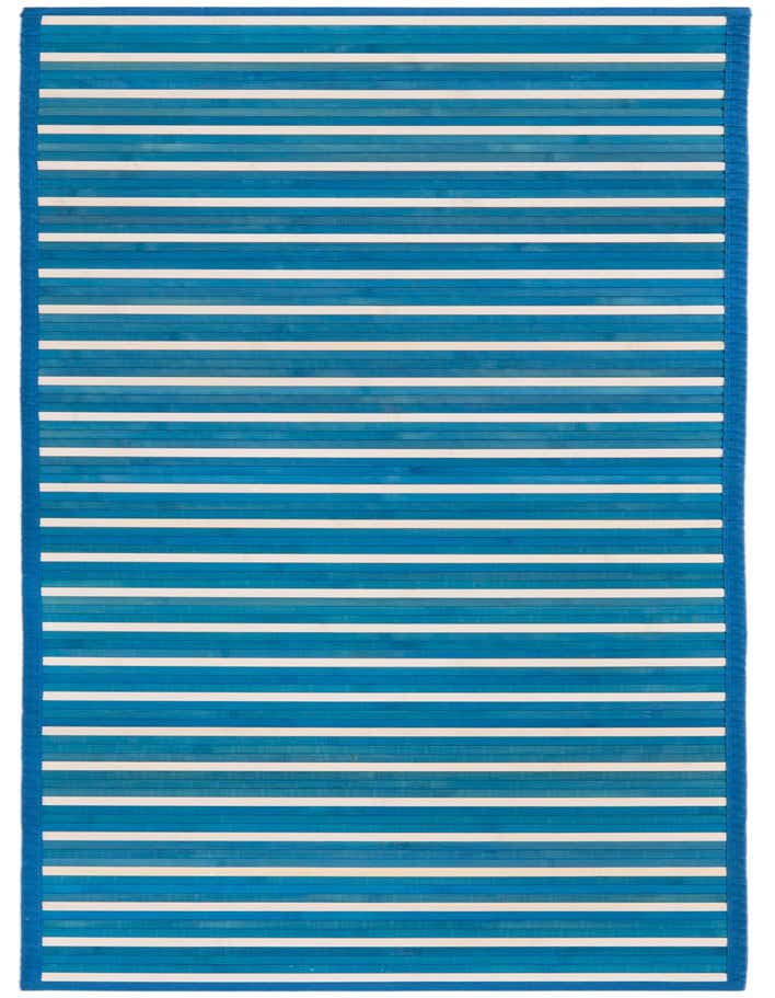 A 6 ft runner rug with alternating horizontal stripes of various blues and white, featuring a textured bamboo surface.