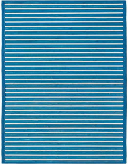 A modern 8 ft runner rug featuring alternating thin white and thick blue horizontal stripes, perfect for a hallway or kitchen.