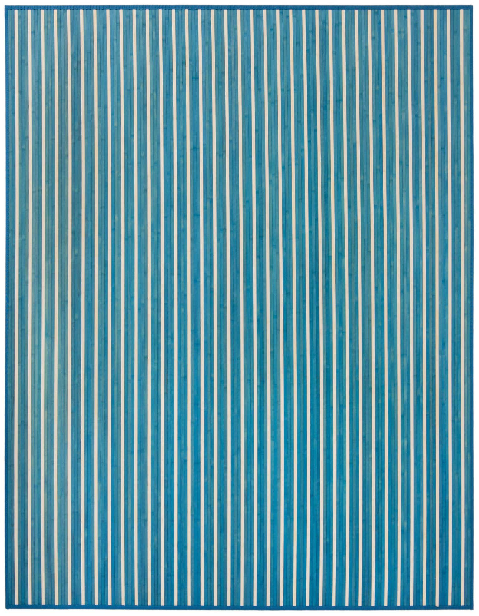 A 7' 10 x 7' 10 square blue bamboo rug featuring thin vertical white stripes, offering a modern, textured look.