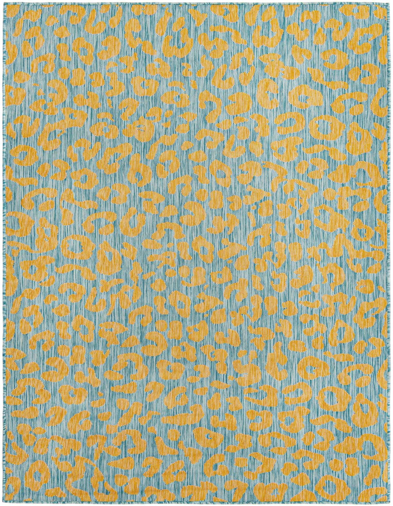 A 5x8 rectangular blue and gold modern rug featuring an abstract animal print pattern, suitable for indoor/outdoor use.