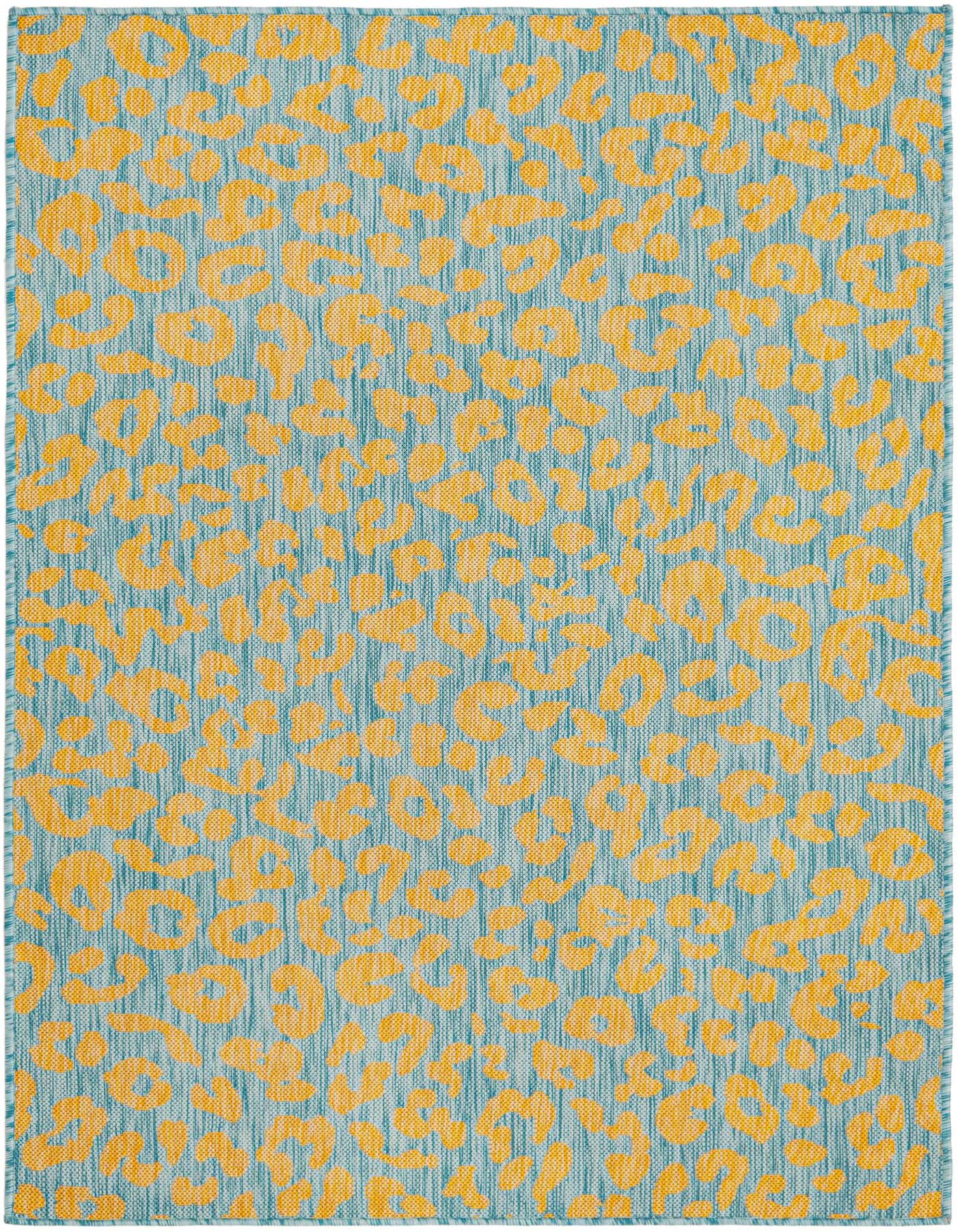 A 4x6 rectangular indoor/outdoor rug with a modern blue background and abstract yellow/gold leopard print pattern.