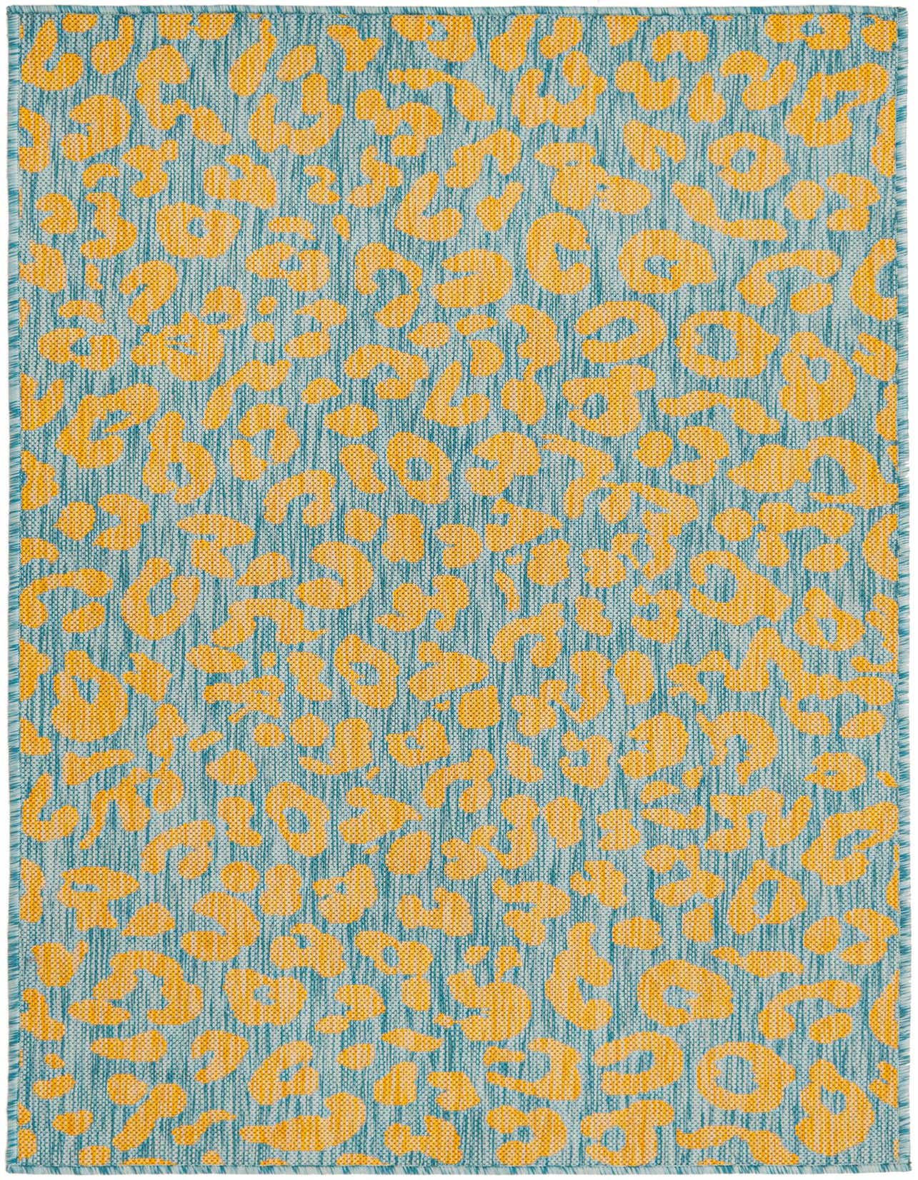A 3x5 rectangular indoor/outdoor rug featuring a modern leopard spot pattern in shades of blue and yellow/gold.