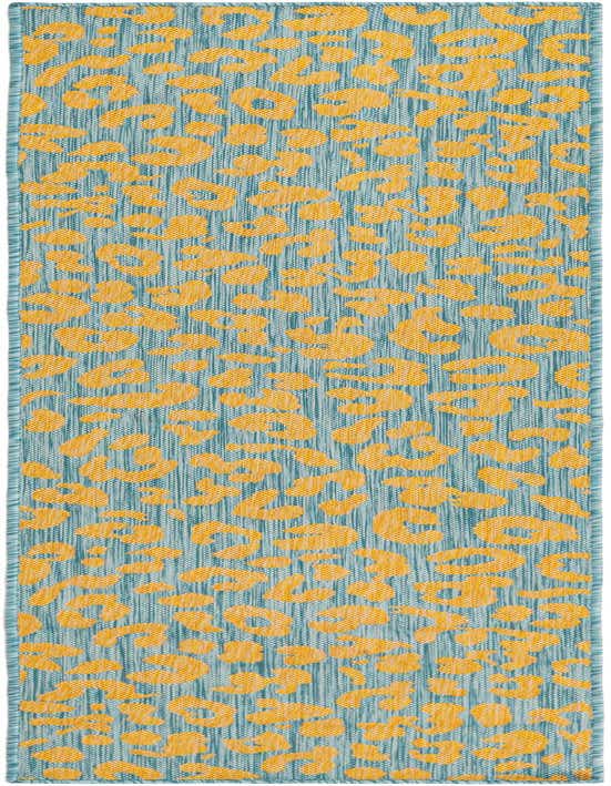A long 8 ft runner rug with a modern blue background and abstract yellow/gold spots, suitable for indoor/outdoor use.