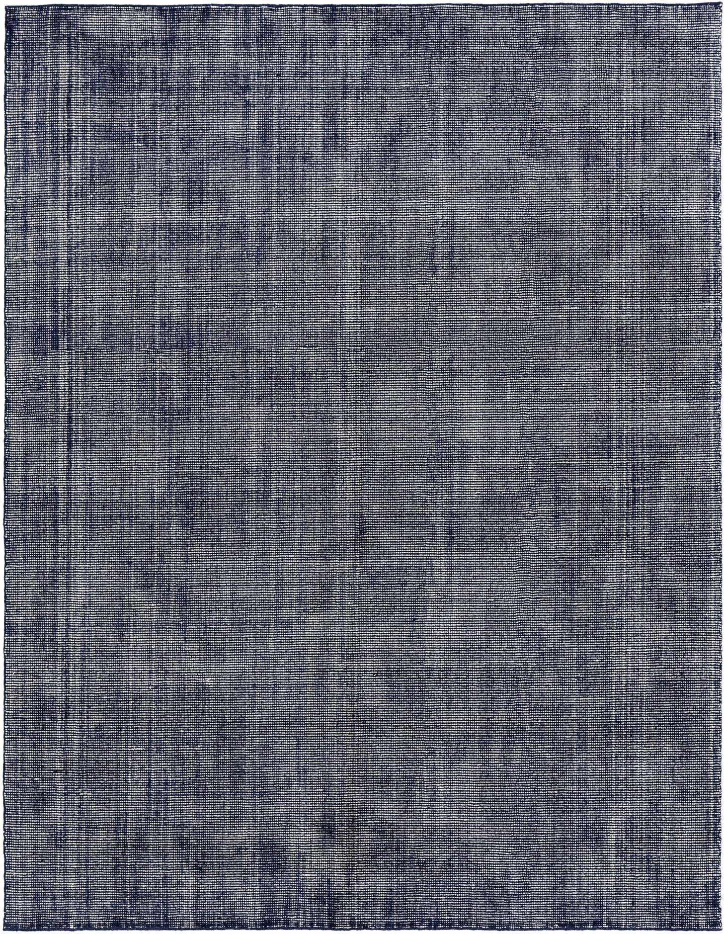 An 8x11 rectangular blue contemporary wool rug with a subtle textured, solid pattern, suitable for a modern living room.