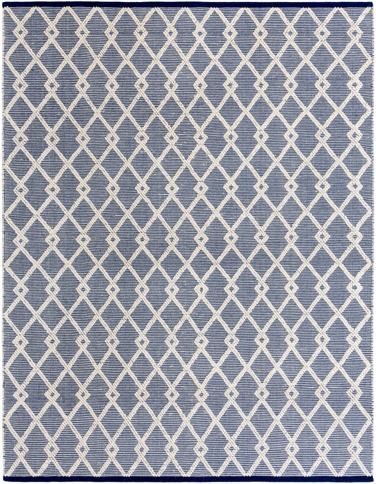 A square 8'x8' blue and off-white modern Oriental rug with a repeating geometric diamond pattern.