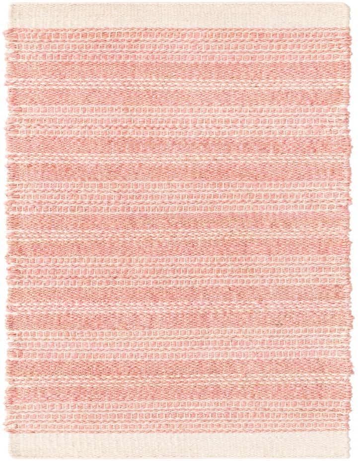 A 6 ft runner rug in shades of pink and cream, featuring horizontal stripes and a textured flatweave.