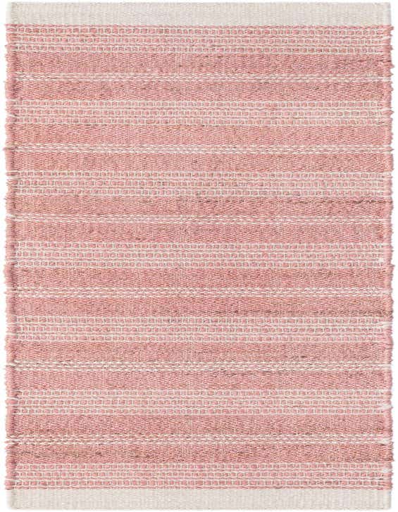 A handmade 8 ft Lariat runner rug in shades of pink and off-white, featuring a textured stripe pattern.