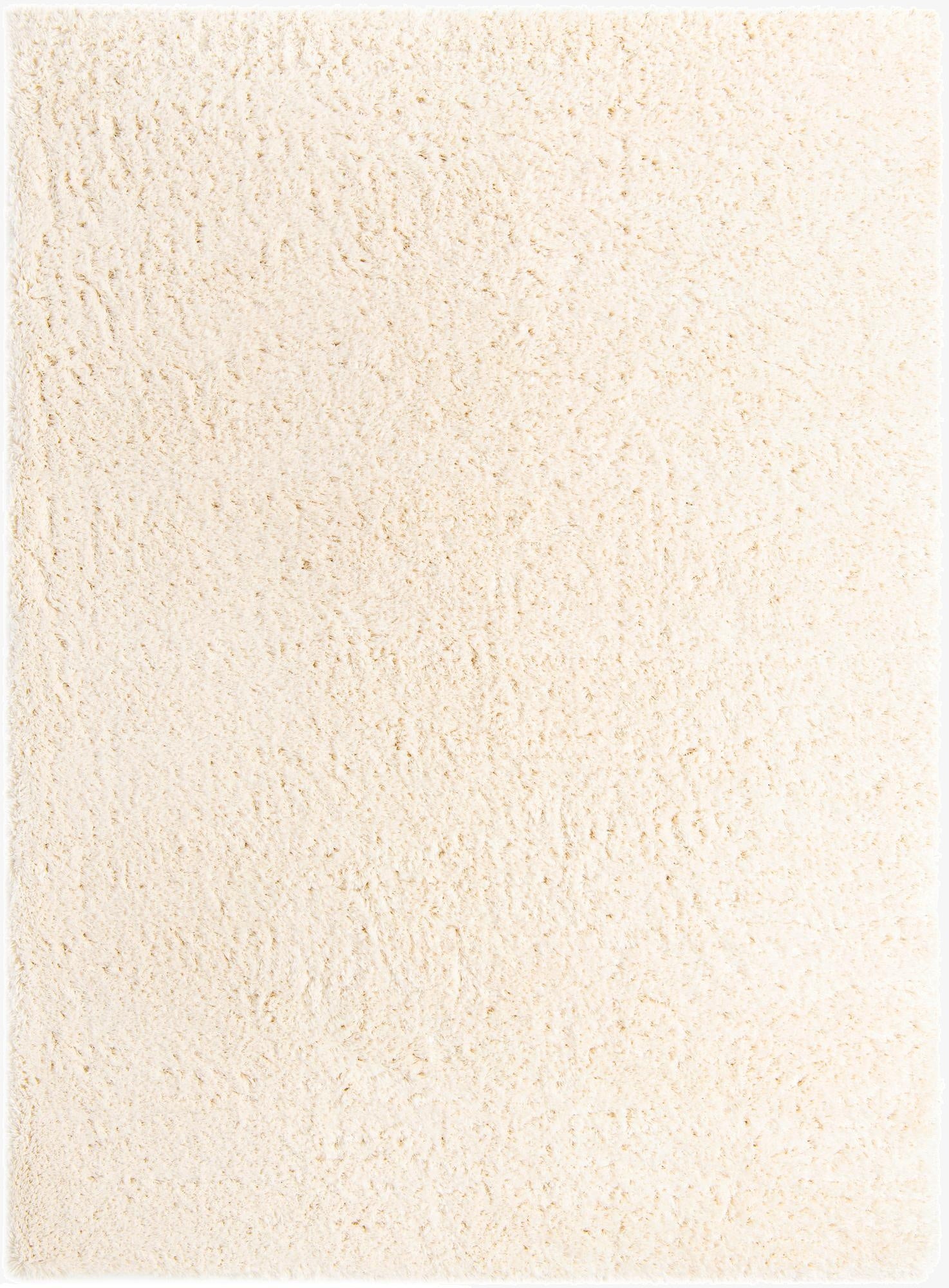 A soft 10x14 rectangular ivory shag rug with a plush, textured pile, perfect for a cozy living room or bedroom.