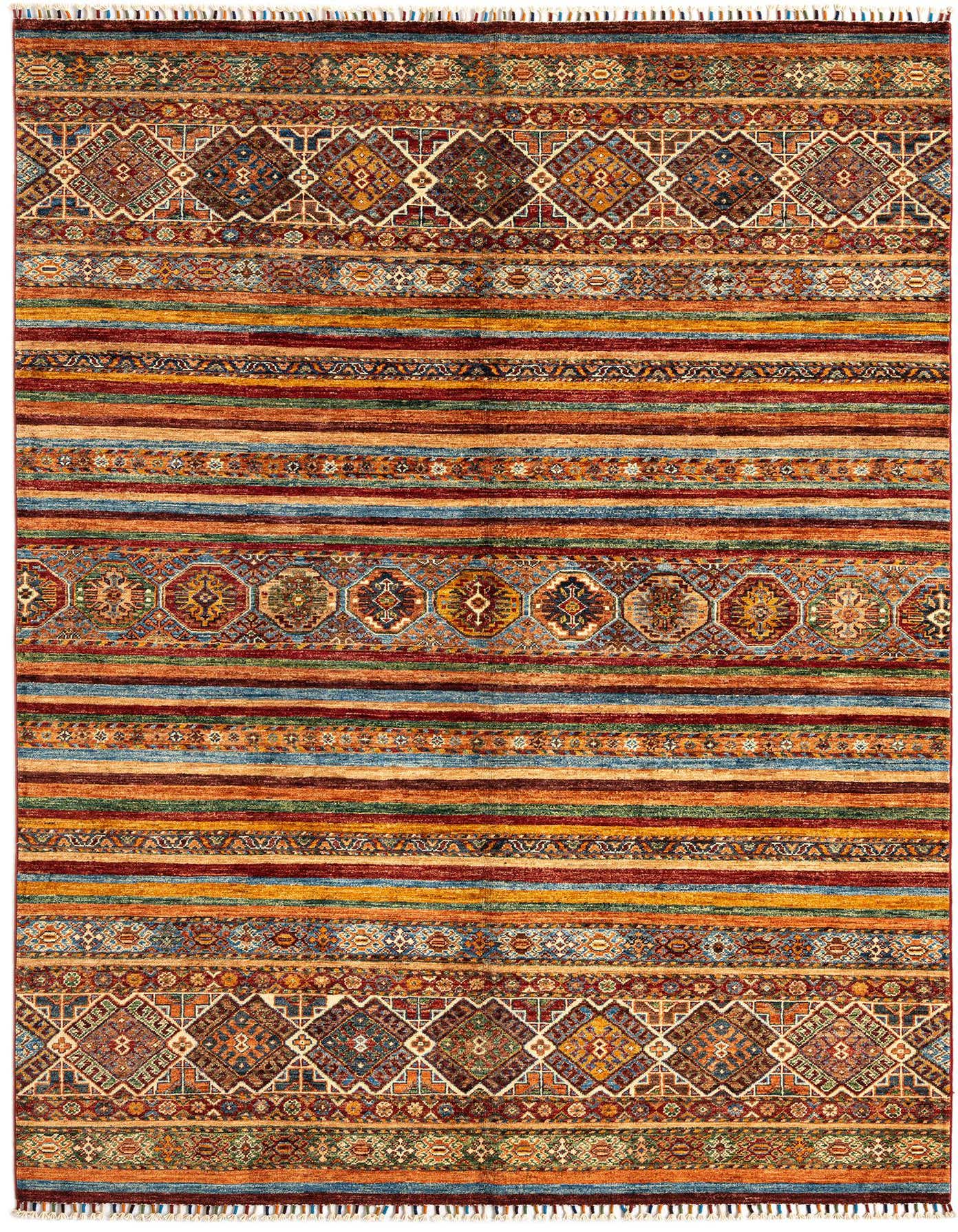 A rectangular 5x8 Ariana Ziegler Persian rug with a vibrant striped pattern in Bordeaux, gold, blue, and green, featuring intricate geometric and medallion motifs.