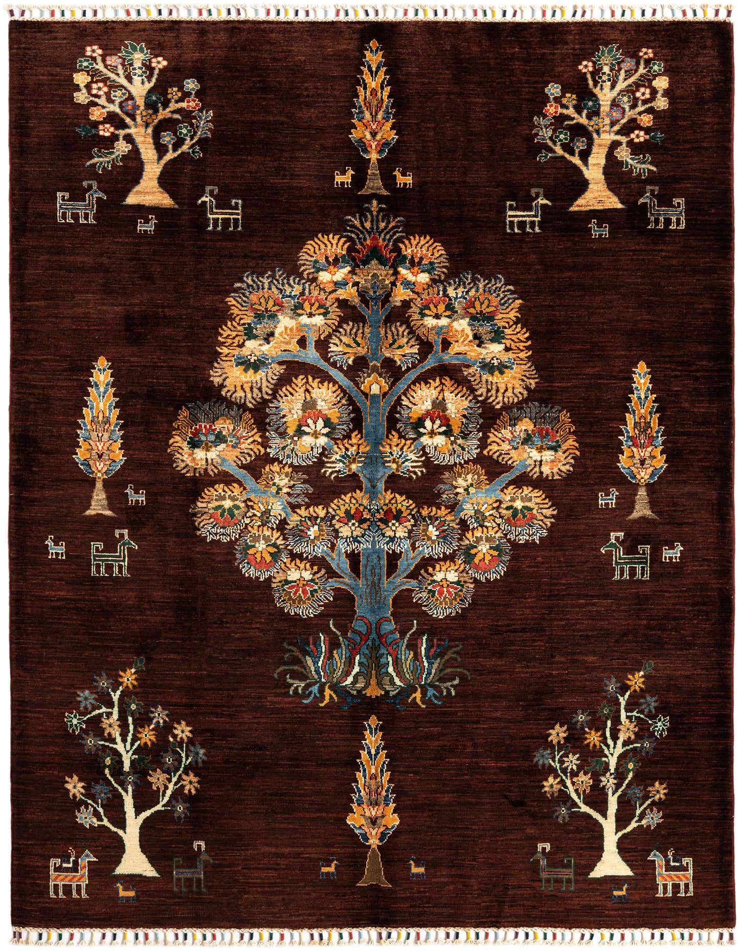 A 5x8 rectangular Bordeaux Persian rug with a Tree of Life design and animal motifs, suitable for a living room.
