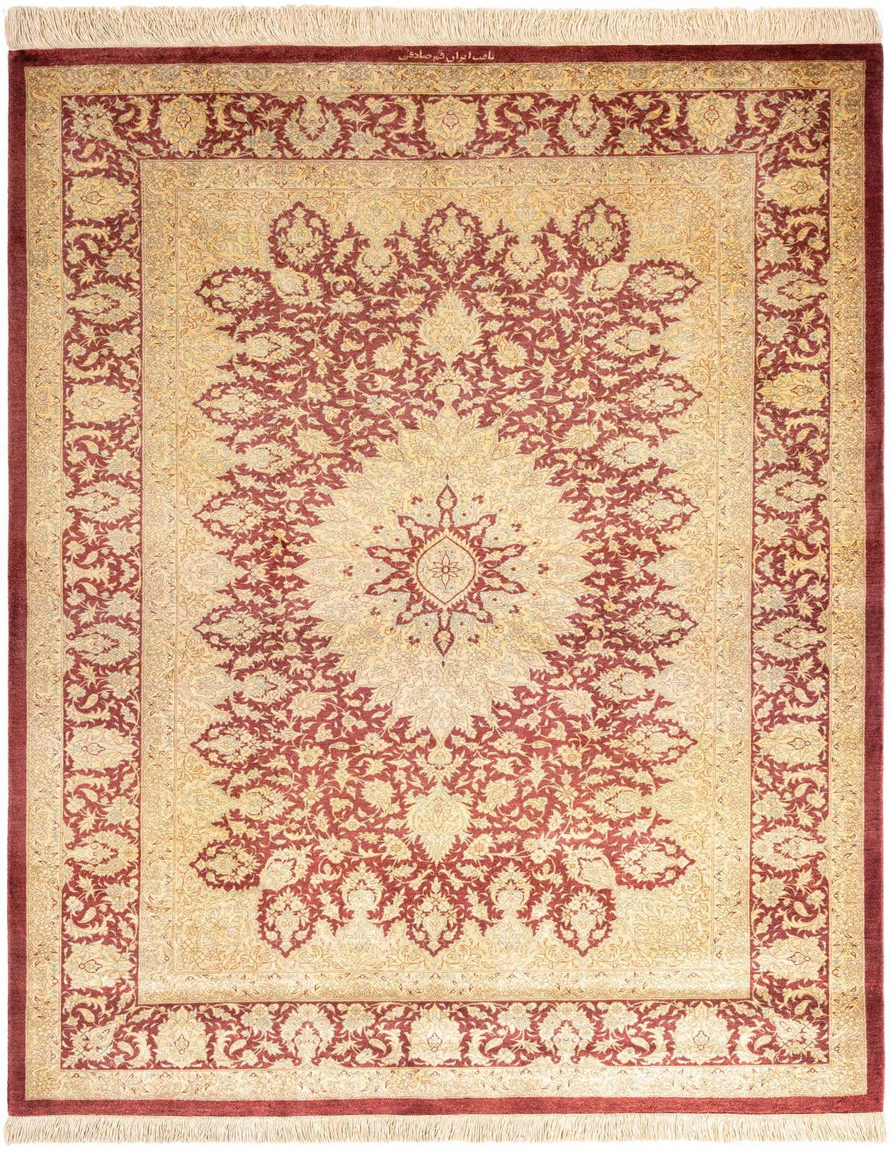 A rectangular 3x5 Bordeaux Persian silk rug with an intricate floral medallion pattern and fringed ends.
