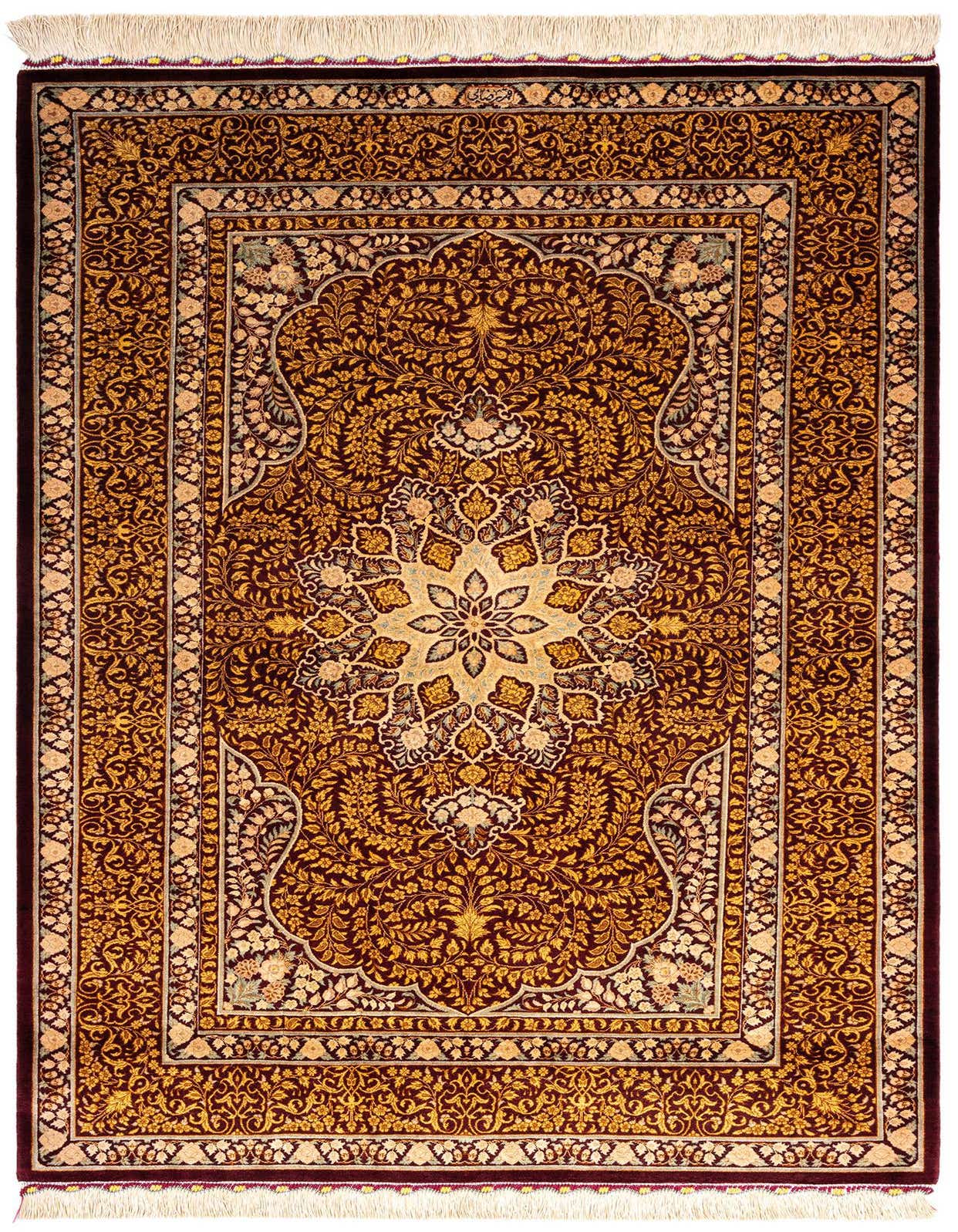A rectangular 3x5 Bordeaux Persian silk rug with intricate gold floral patterns and a central medallion.