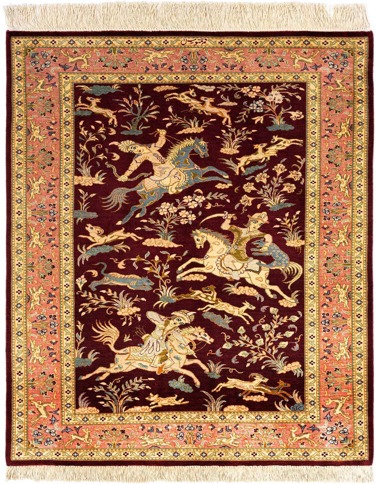 A rectangular 3x4 Bordeaux Persian silk rug with a detailed hunting scene featuring horsemen, deer, and leopards, framed by intricate borders.