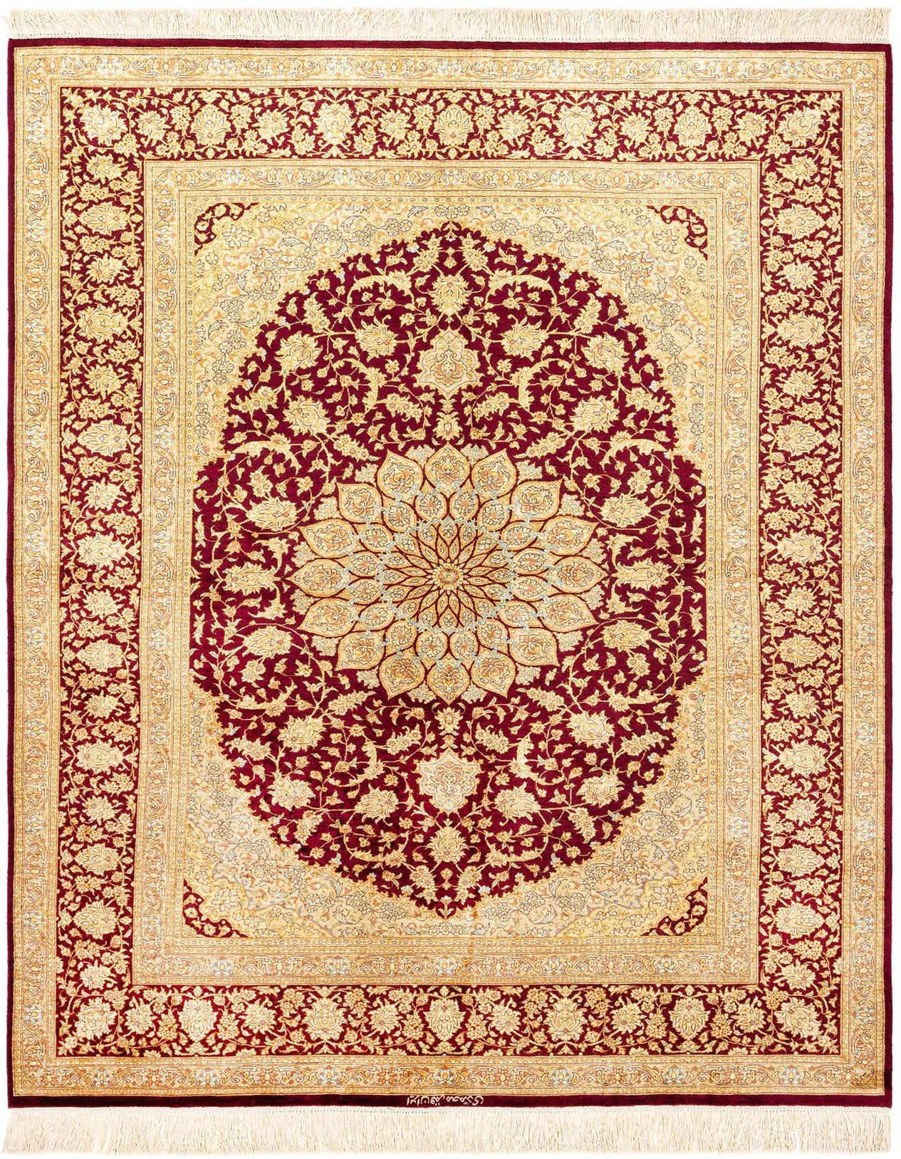 A luxurious 4x6 rectangular Bordeaux Persian silk rug with an intricate gold floral medallion pattern and fringed edges.