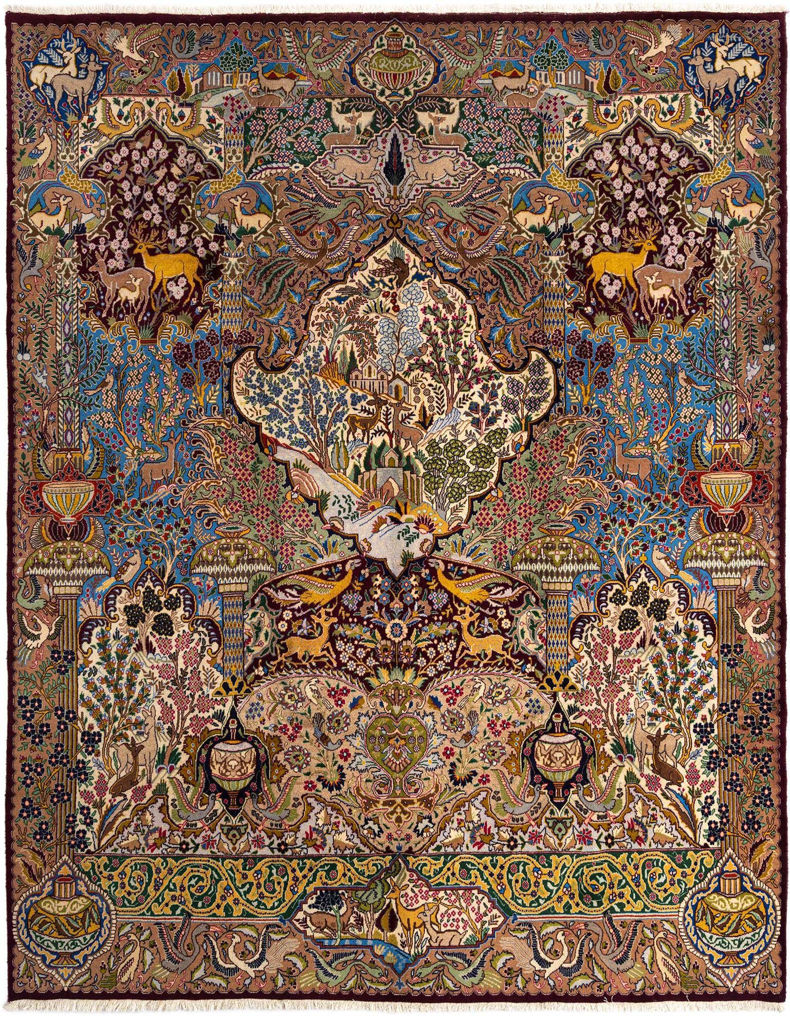 A large rectangular Kashmar Persian rug in Bordeaux with intricate floral, animal, and landscape motifs.