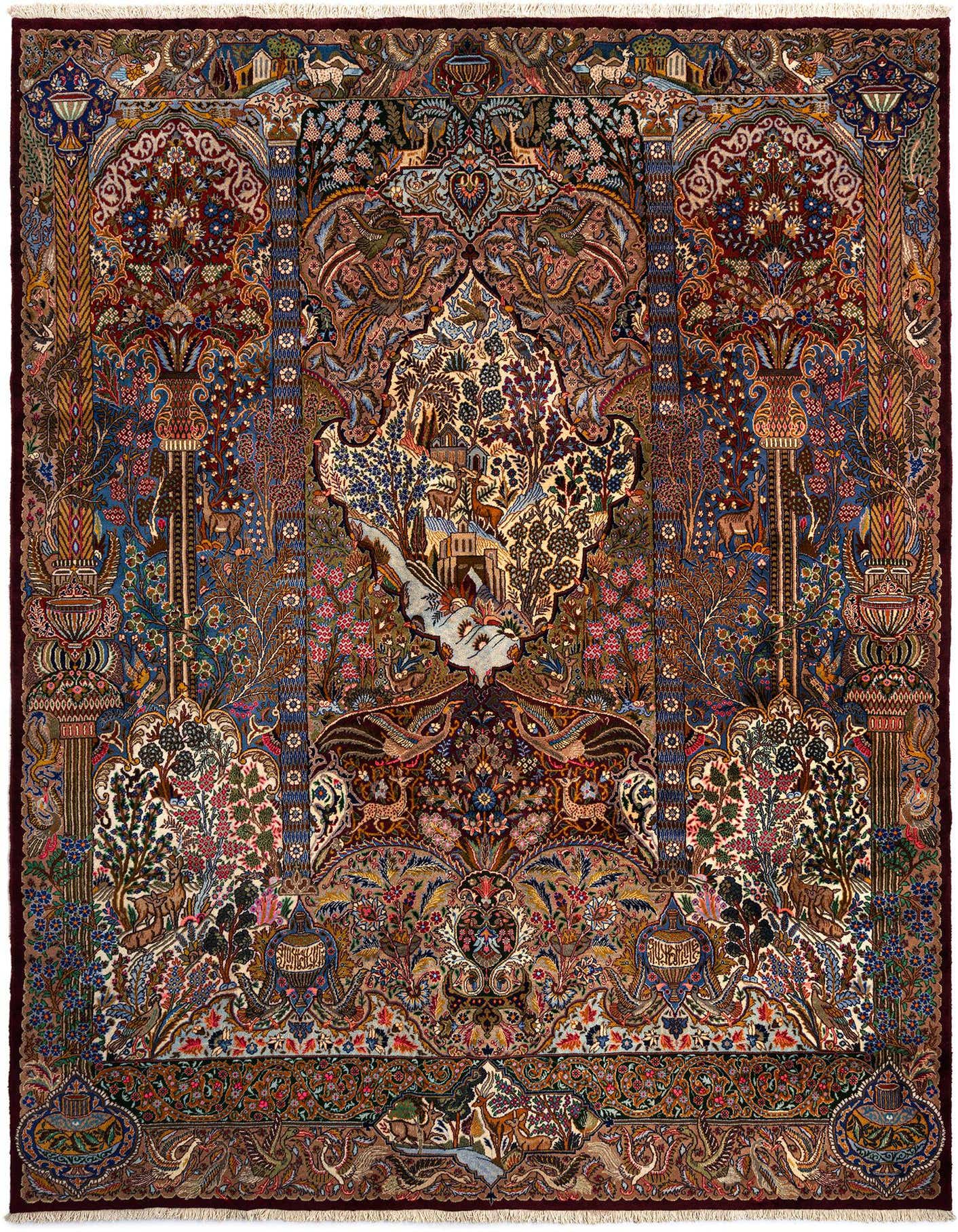 A large 12x16 rectangular Bordeaux Persian rug with an intricate, detailed garden and animal motif, handmade from wool.