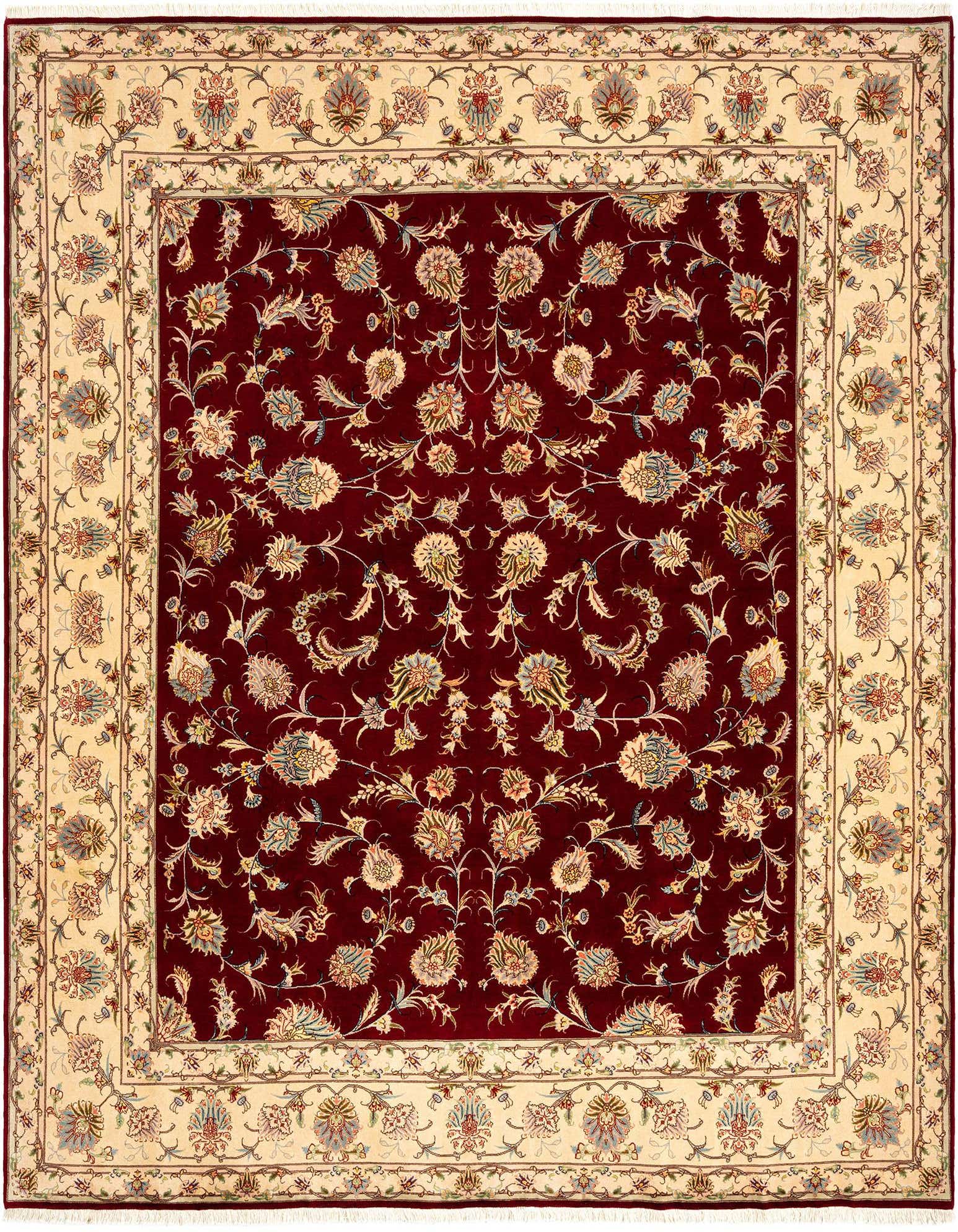 An 8x10 rectangular Bordeaux Persian rug with an intricate floral pattern and a wide cream border, handmade from wool and silk.