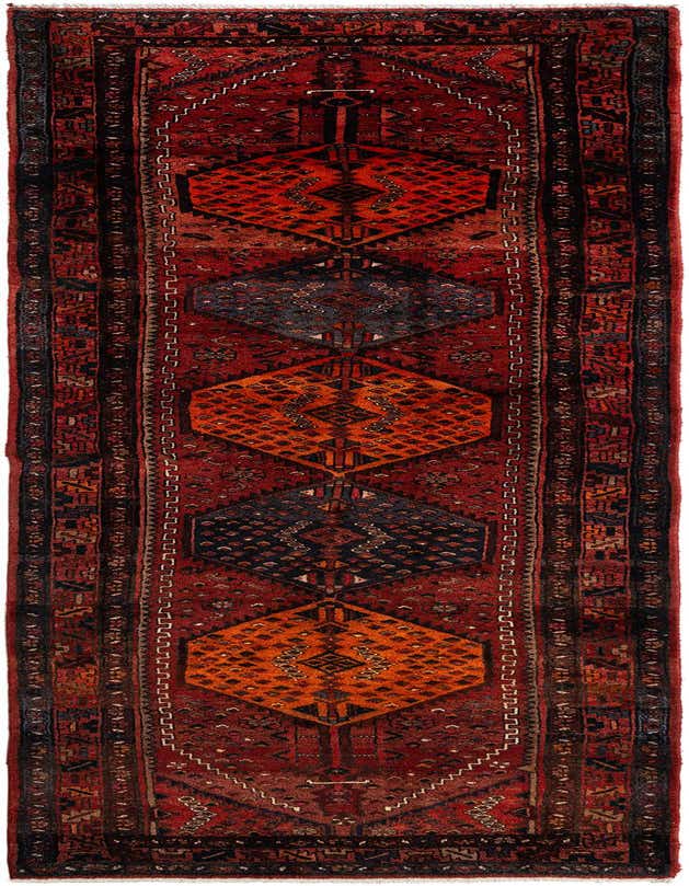 A 13 ft runner rug from the Ardabil collection, featuring a rich Bordeaux red field with tribal Persian patterns and alternating orange and navy blue medallions.
