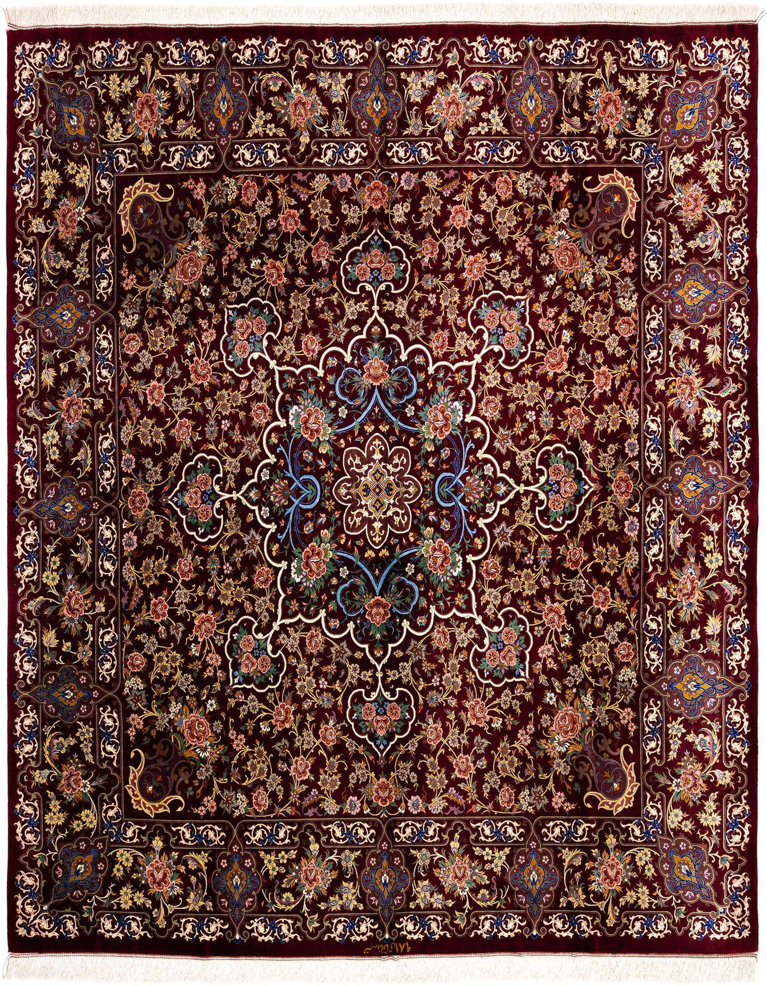 A luxurious 6' 7 x 6' 9 square Bordeaux Persian silk rug with intricate floral motifs and a central medallion.