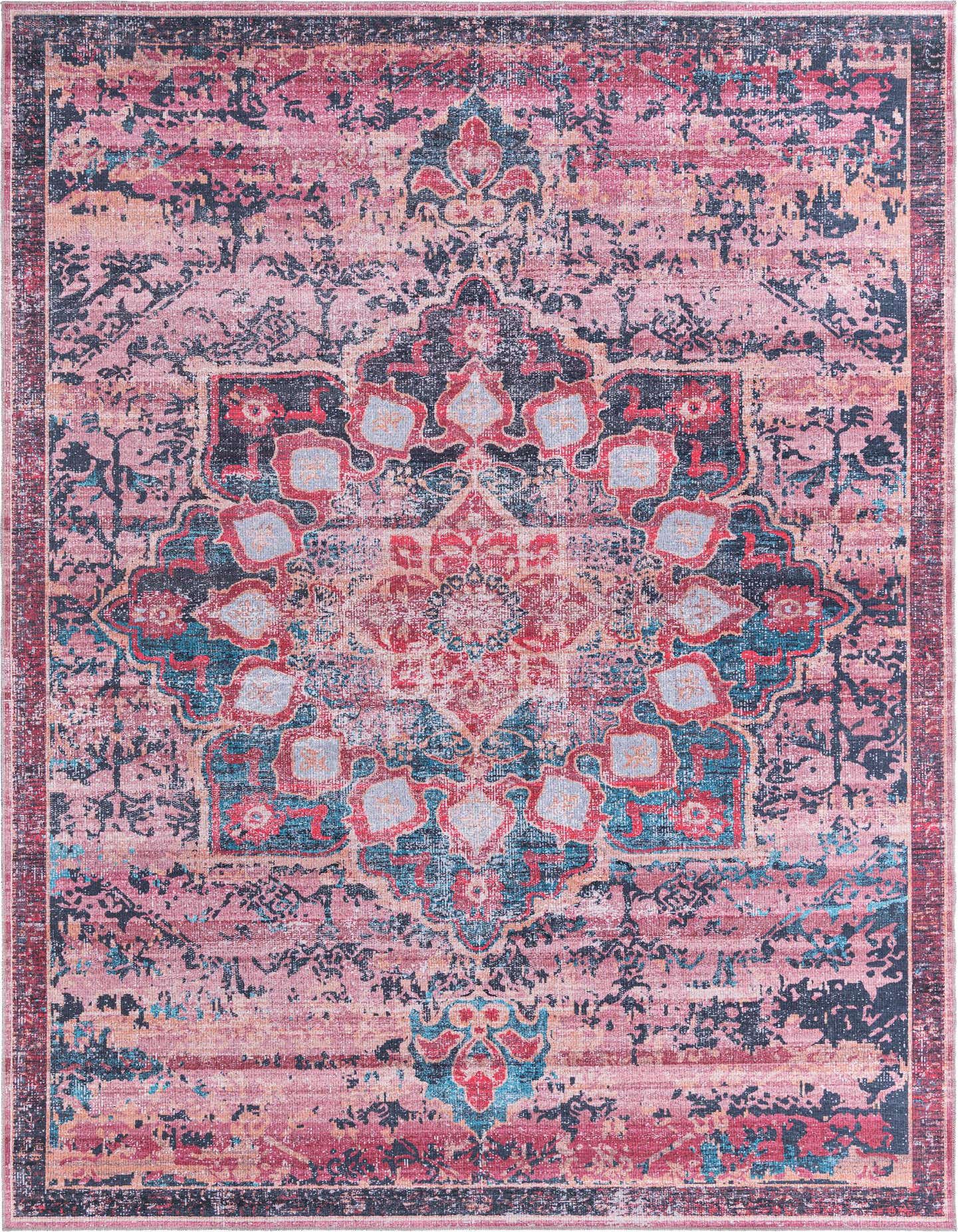 A 10x14 rectangular Rugs.com Francesca rug featuring a distressed traditional medallion pattern in shades of brown, red, and orange.