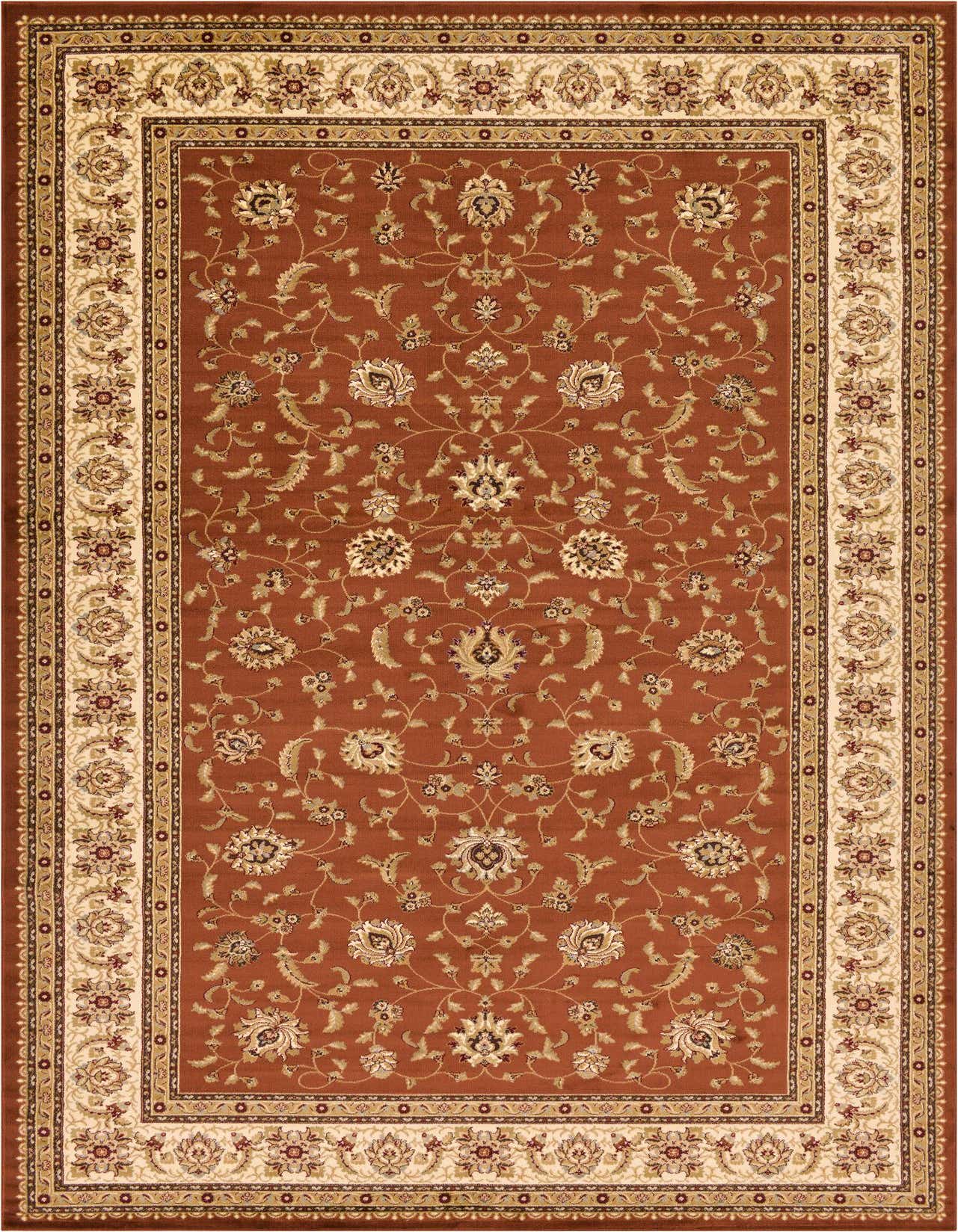 A 10x16 rectangular orange traditional rug with an Oriental floral pattern and a cream border.