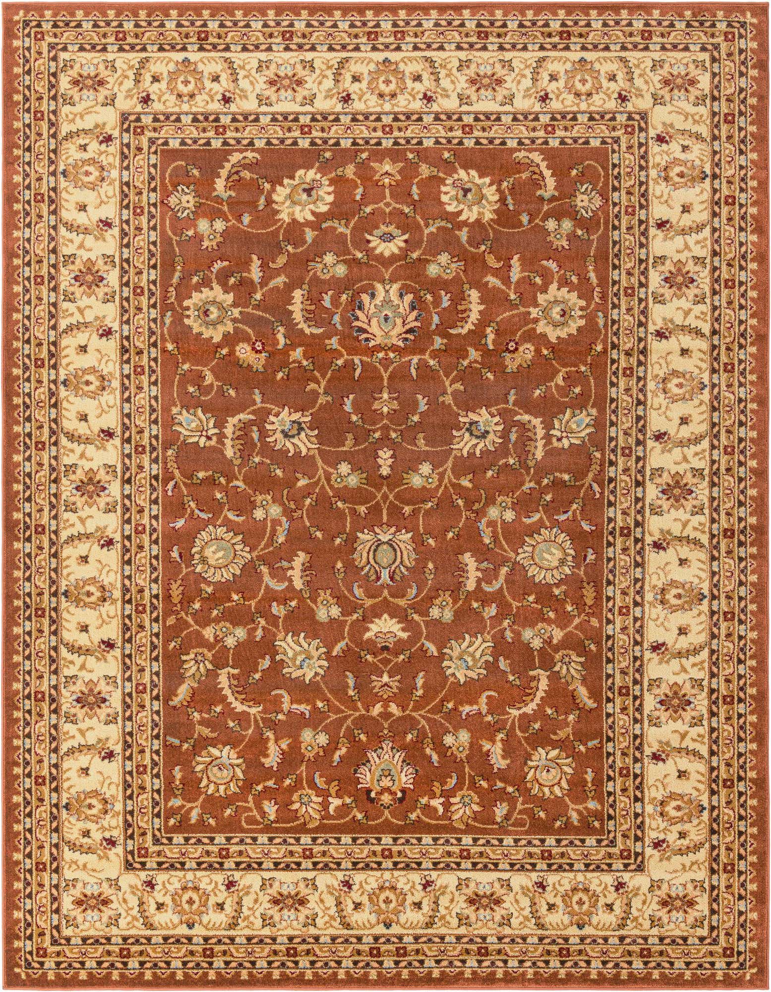 An 8x10 rectangular Aditi rug featuring a traditional floral pattern in shades of orange, pink, and red with a cream border.