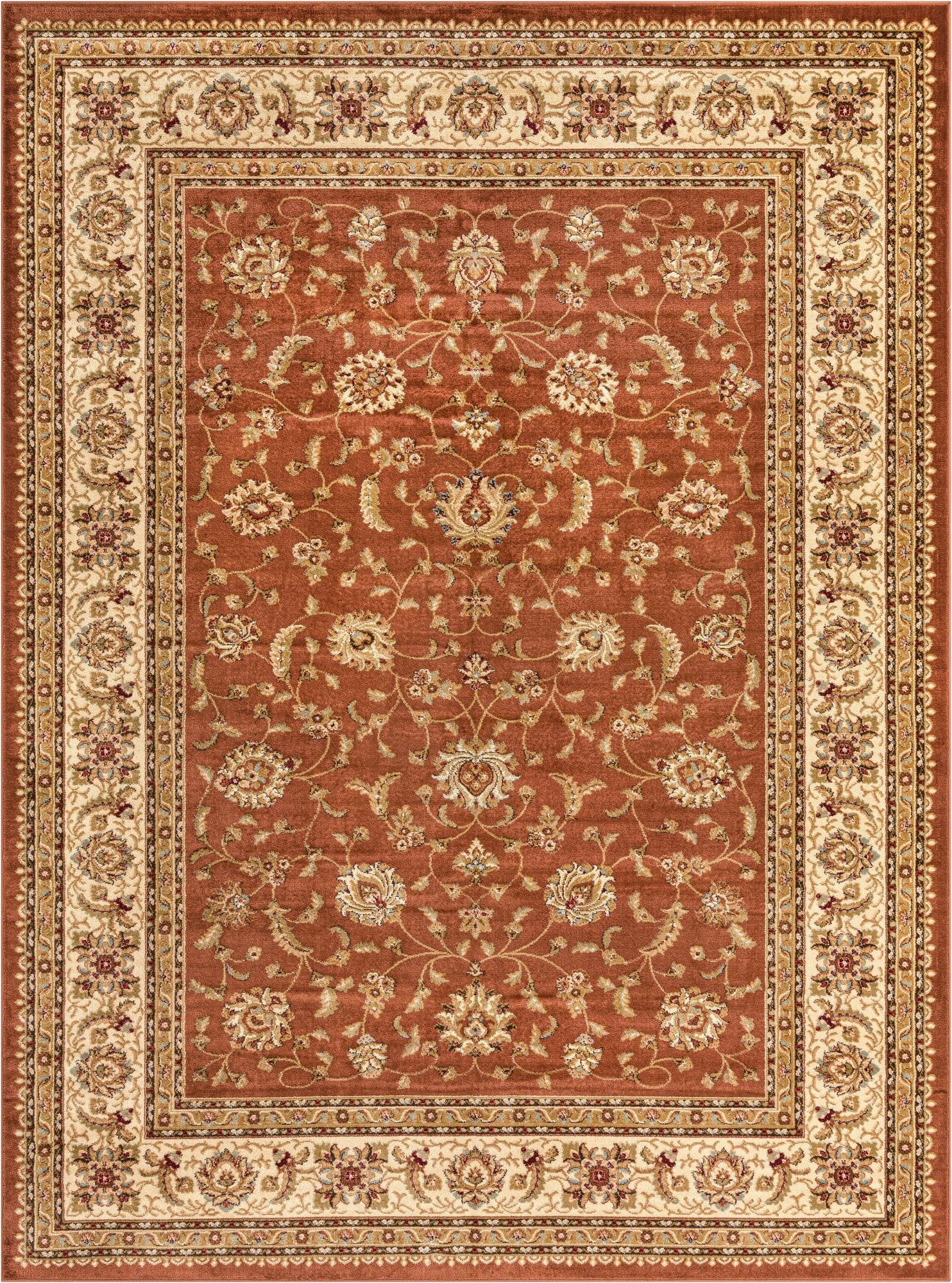 A 9x12 rectangular Aditi rug featuring a traditional floral pattern in shades of orange, pink, and red with a cream border.