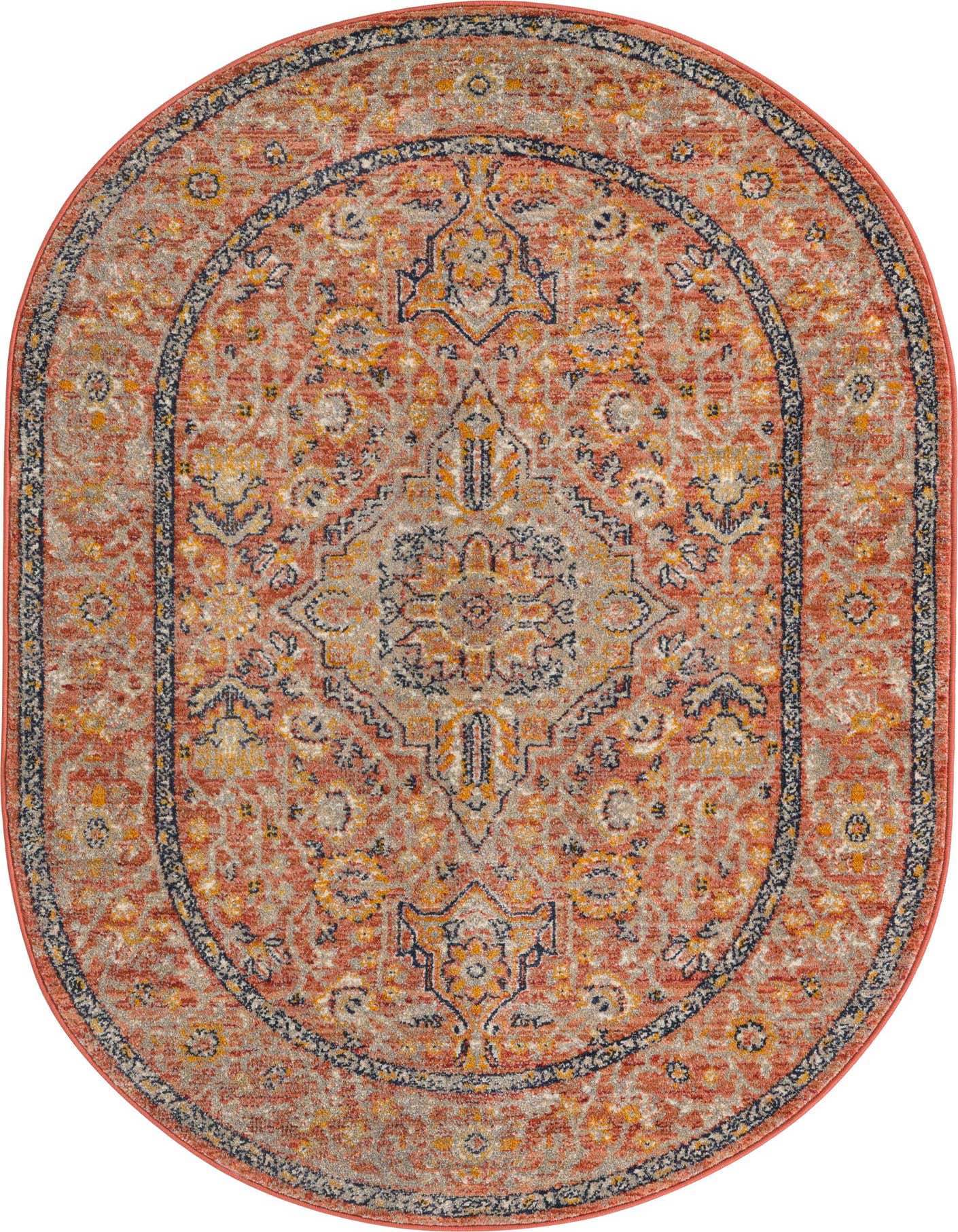 4'x6' oval Lola rug featuring a distressed bohemian medallion pattern in shades of brown, tan, orange, and red.