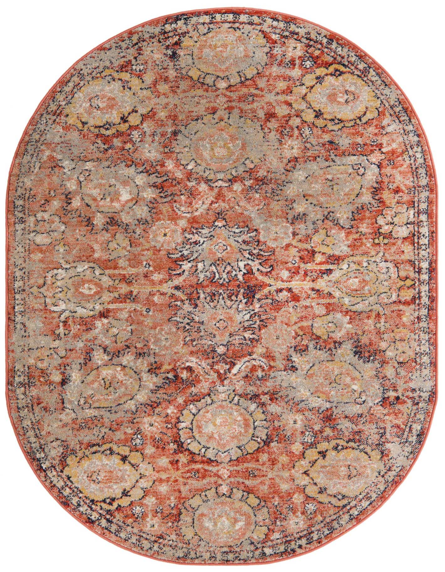 An oval 4' x 6' Lola Collection rug by Rugs.com, featuring a distressed traditional floral pattern in shades of brown, tan, orange, and red.