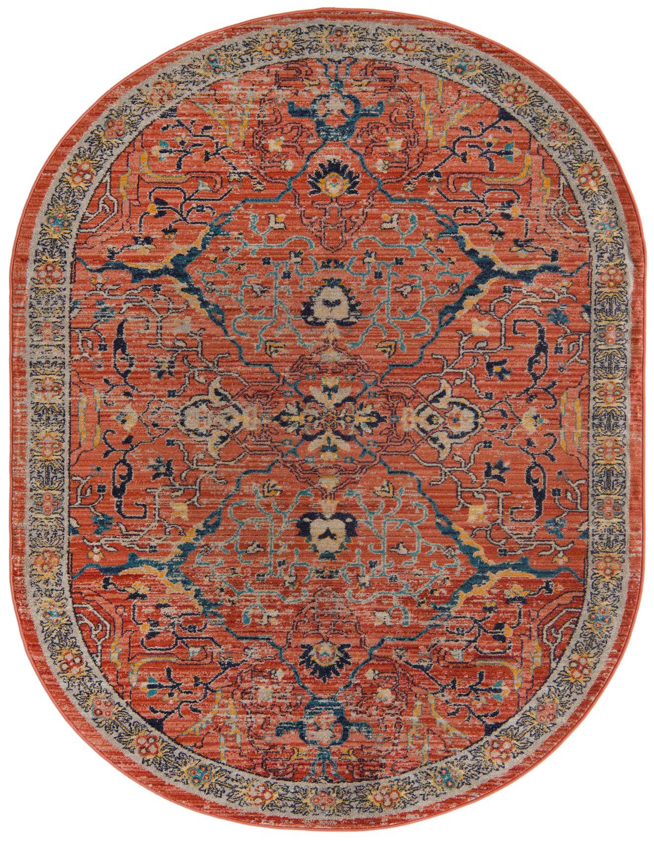 5'3" x 8'0" oval Lola Collection rug featuring a distressed traditional pattern in terracotta orange, brown, and blue.