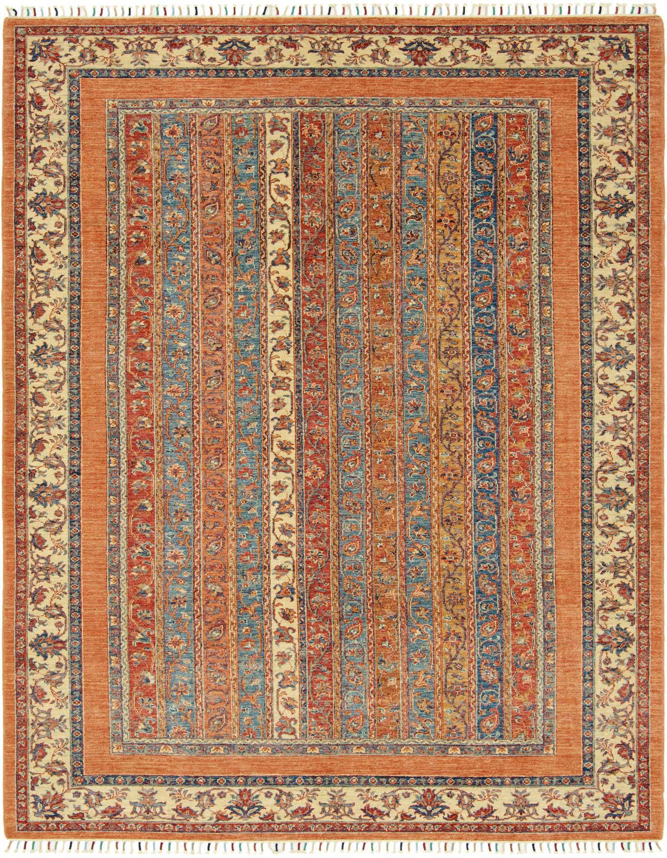 A rectangular 7x10 Ariana Ziegler rug featuring traditional Oriental stripes in browns, tans, oranges, and reds, with a decorative border.