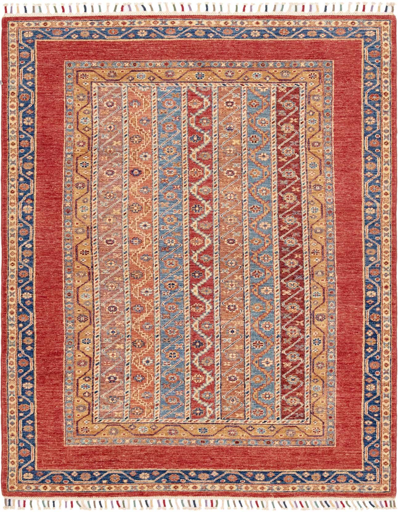 A 4x6 rectangular Ariana Ziegler rug featuring a traditional Oriental stripe pattern in browns, tans, oranges, and reds with a thin pile.