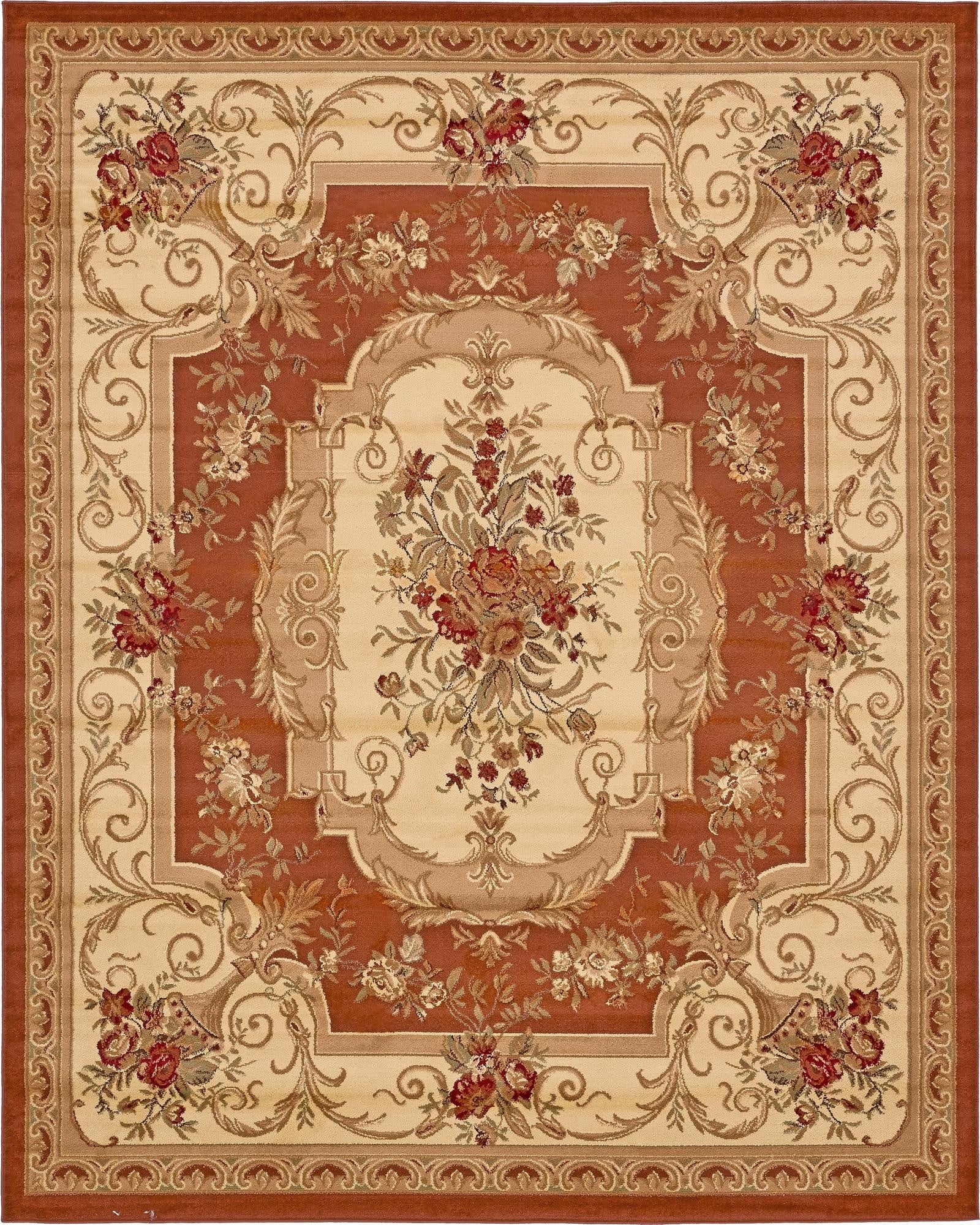 An 8x10 rectangular traditional rug featuring a central floral medallion in reds and oranges on a tan field, bordered by a rich terracotta and tan botanical pattern.