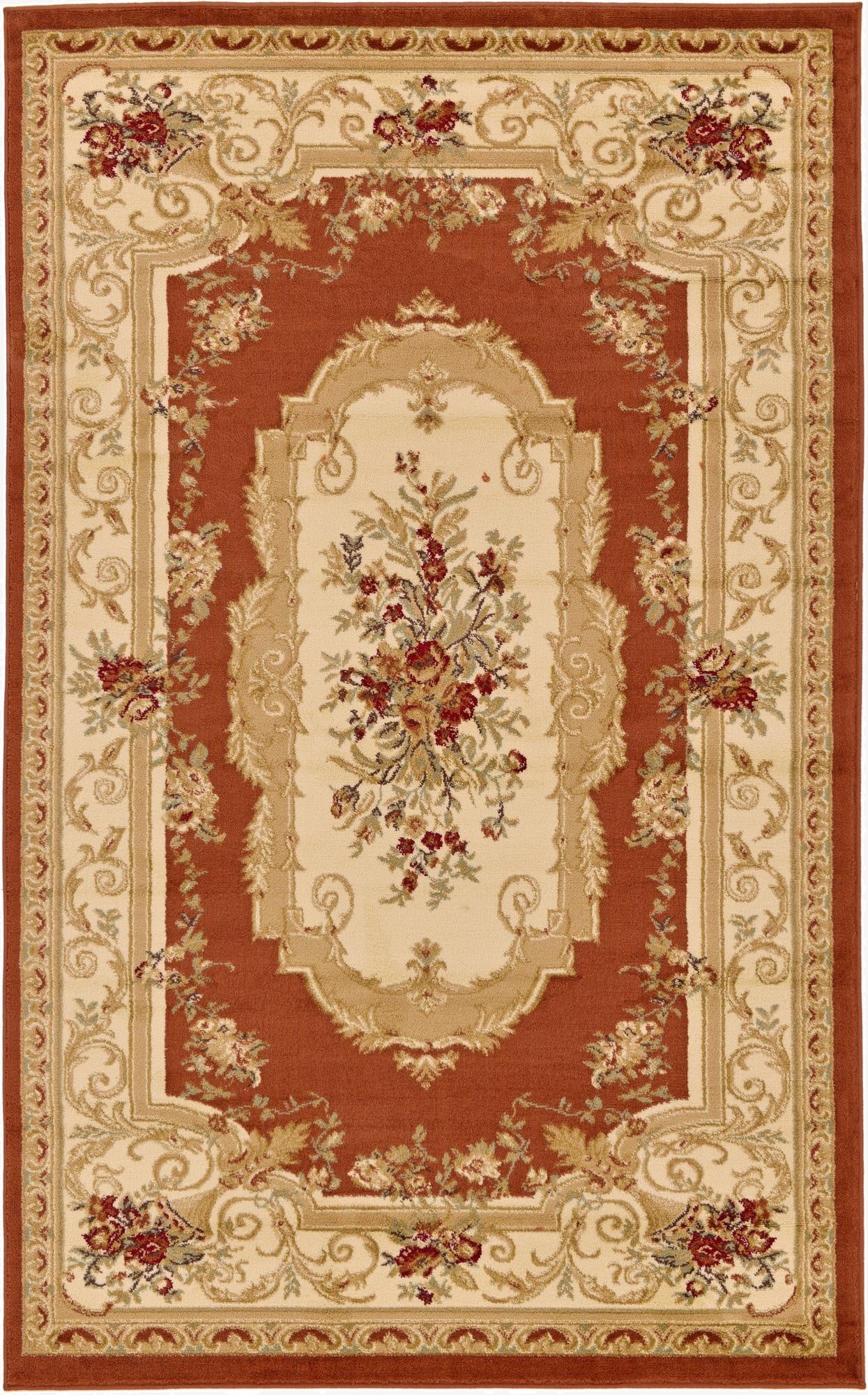 A 5x8 rectangular Chateau rug featuring a traditional botanical medallion pattern in shades of brown, tan, orange, and red.