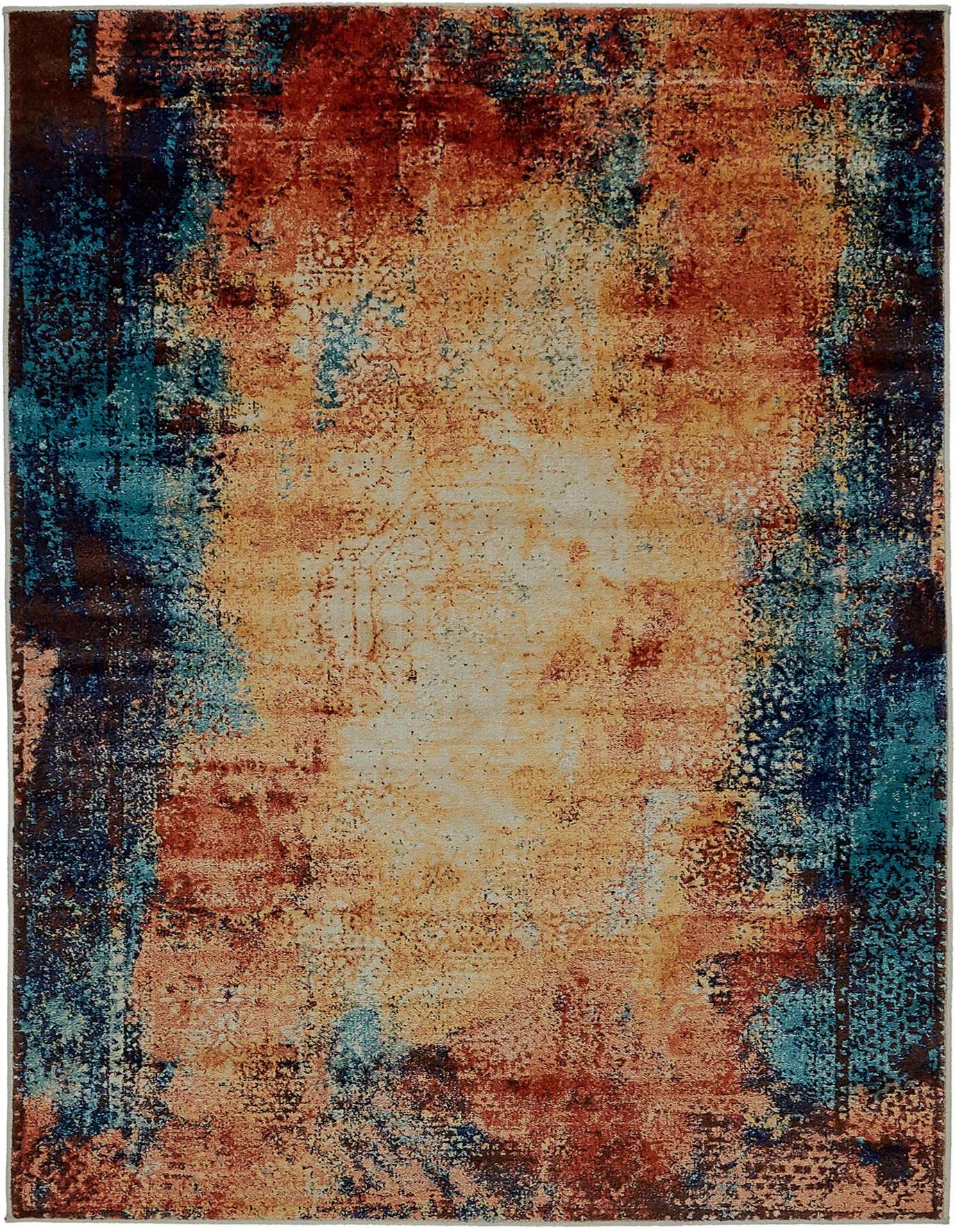 A 4x6 rectangular indoor rug with an abstract, distressed pattern in shades of brown, tan, orange, and red.