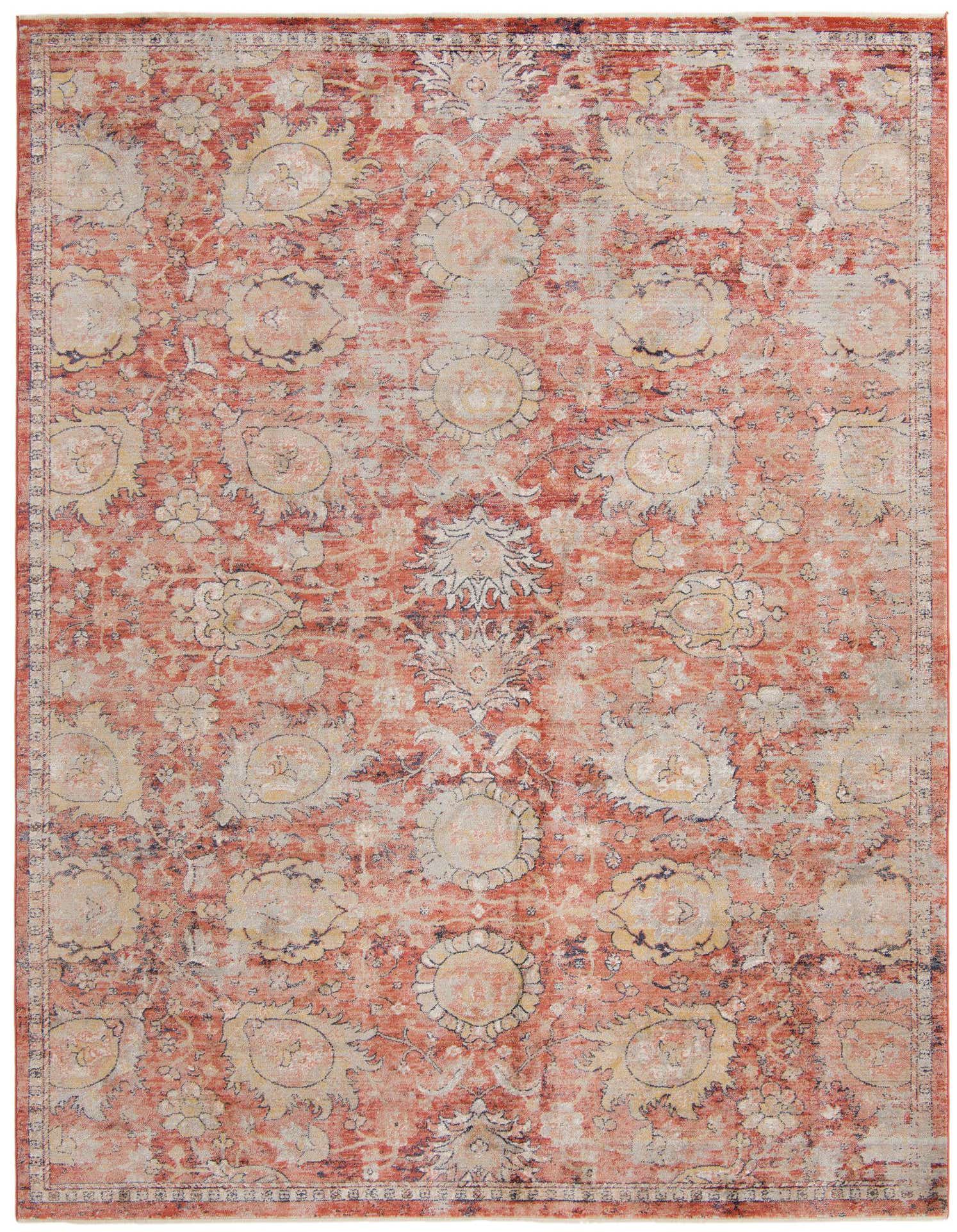 A 9x12 rectangular Lola Collection rug with a distressed traditional floral pattern in reds, oranges, and tans.