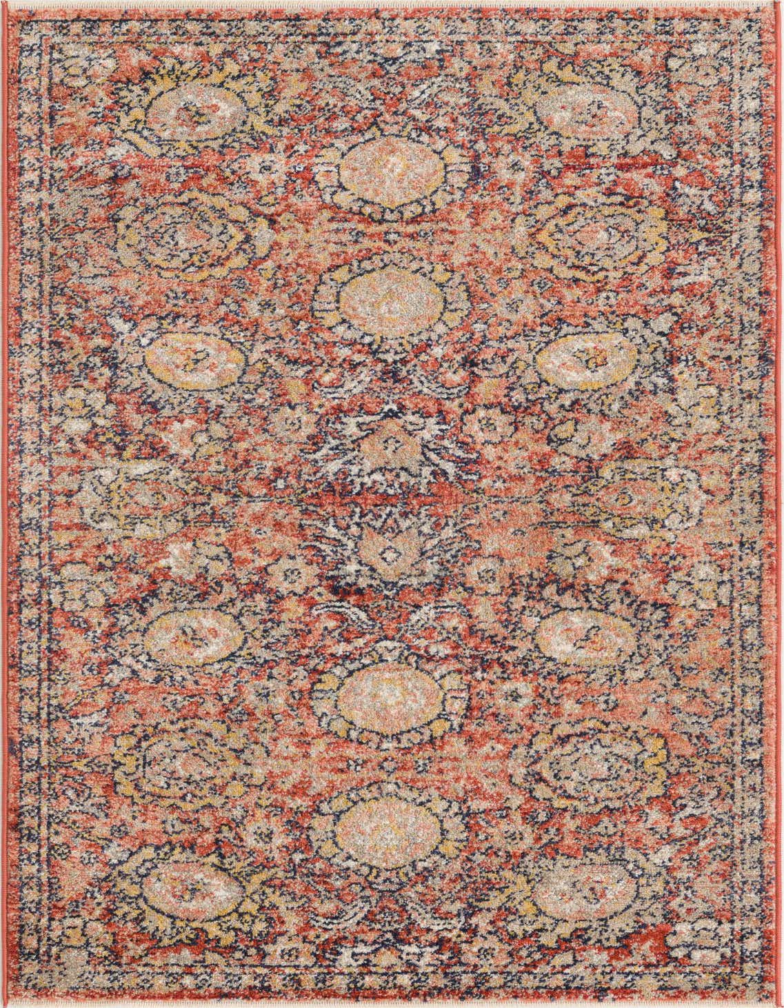 A 3x5 rectangular Lola collection rug featuring a distressed traditional floral pattern in shades of brown, orange, and red.